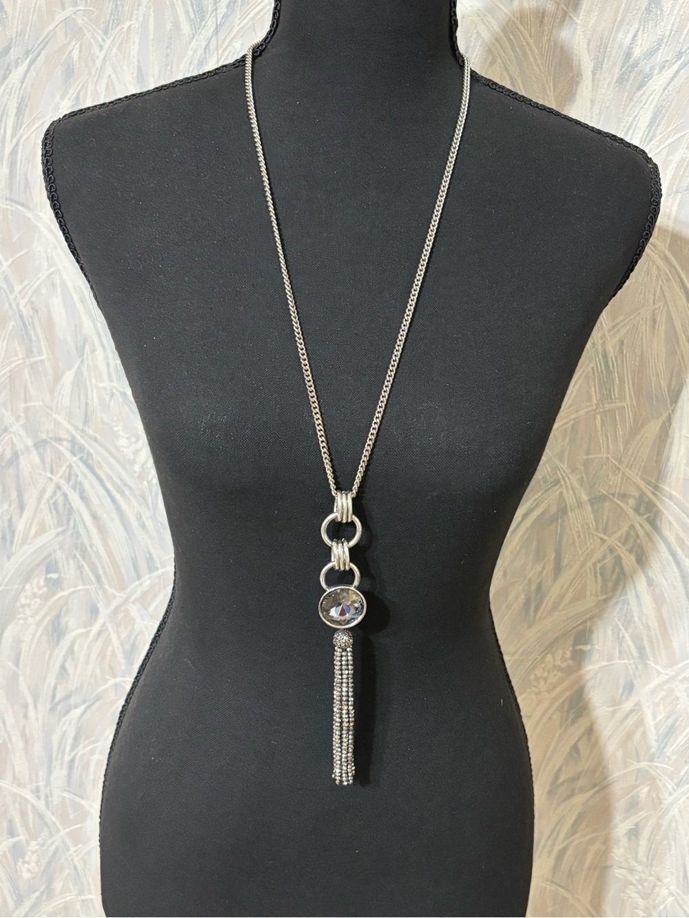 JJ Silver-Tone Long Tassel Pendant Necklace with Crystal Accents 28”+3”